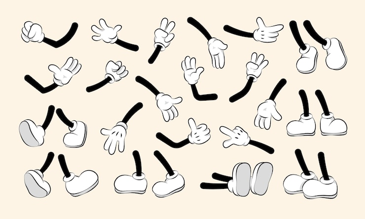 Vector cartoon hands and legs collection cute retro animation white feet and gloves characters body parts abstract simple funny drawn person gestures vector comic set