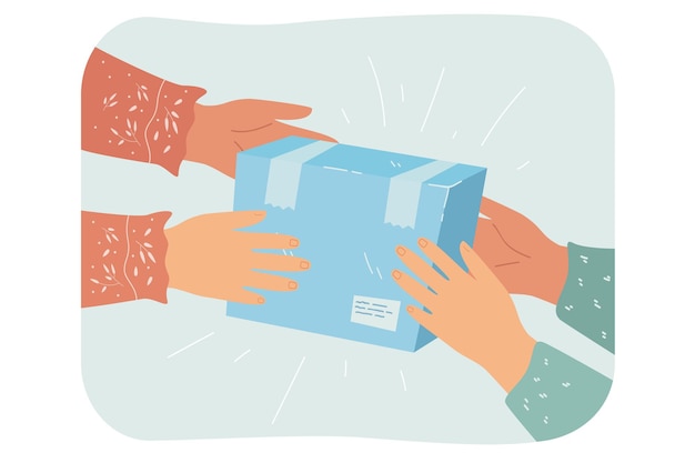 Вектор Мультяшные руки, проходящие подарочную коробку. человек, дающий объект другу или клиенту на сером фоне плоской векторной иллюстрации. концепция службы доставки для баннера, веб-дизайна или целевой веб-страницы