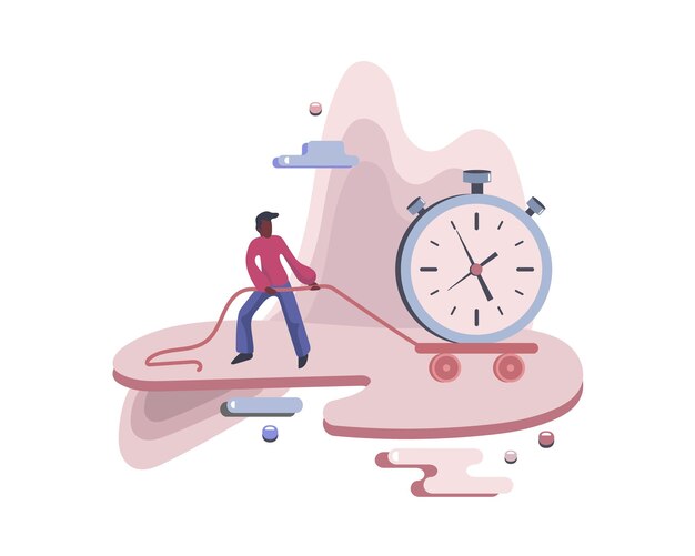 Cartoon handsome faceless boy pulling heavy watch trying to stop clock Time planning making progress and hard work flat vector graphic on white background