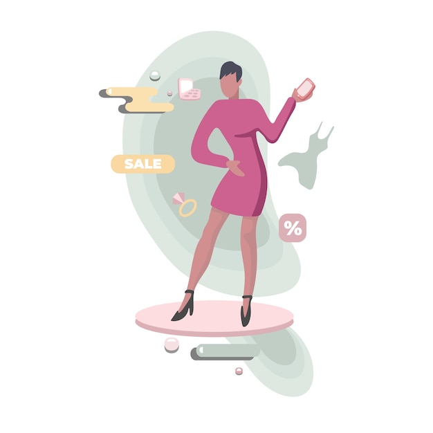 Vector cartoon handsome woman buy dresses and jewelry on sale people ordering in online store on smartphone screen color 2d graphic vector flat style illustration