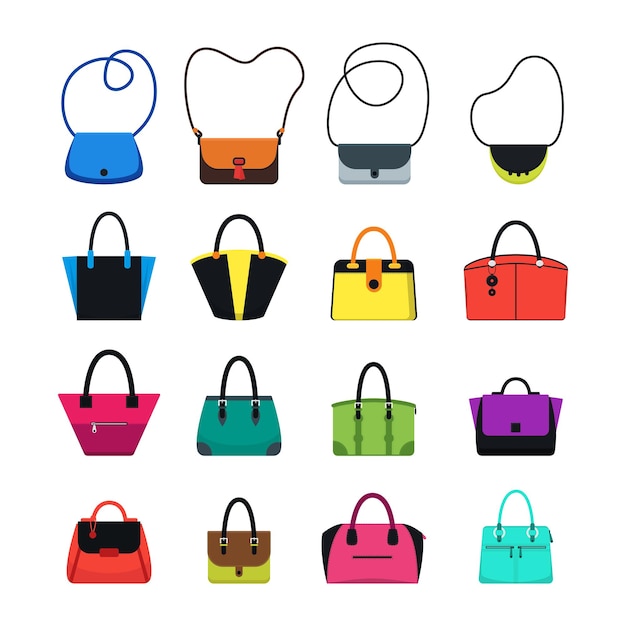Cartoon handtas of vrouwelijke tassen kleur Icons Set Trendy mode-accessoire voor meisje en vrouw. vector illustratie