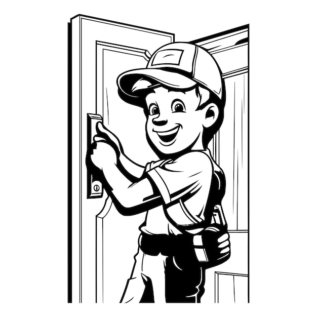 Vector cartoon handyman at the door black and white vector illustration