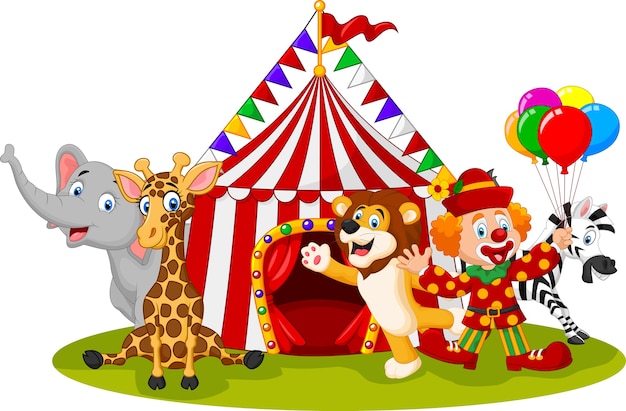 Cartoon happy animal circus and clown