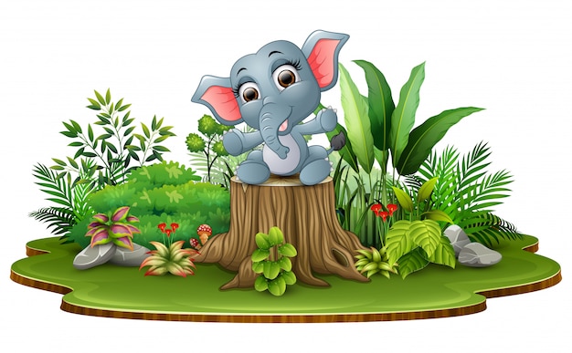 Cartoon happy baby elephant sitting on tree stump with green plants