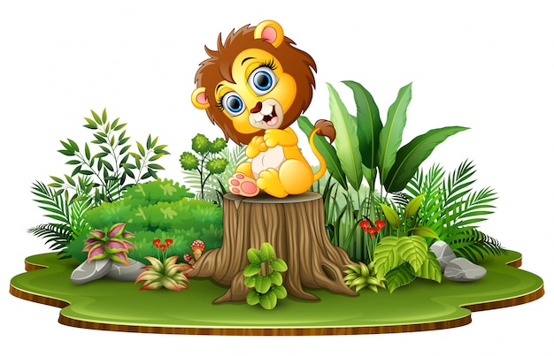 Cartoon happy baby lion sitting on tree stump with green plants