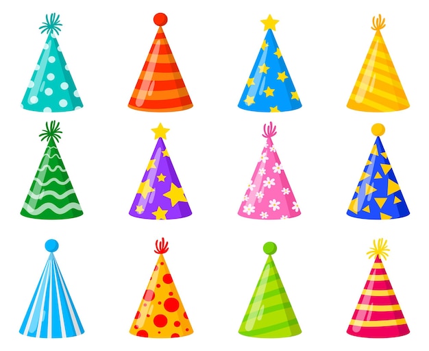 Vector cartoon happy birthday party celebration cone decorated hats. birthday party funny colorful hats vector illustration set. carnival holiday paper cone hats