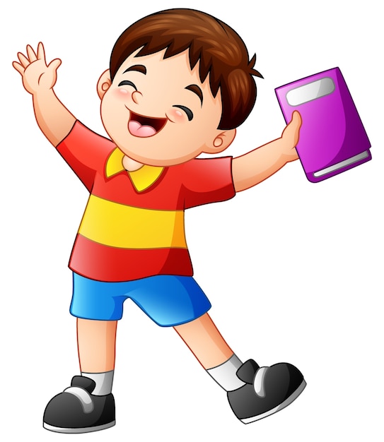 Vector cartoon happy boy holding a book