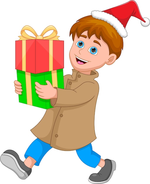 cartoon happy boy holding a gift