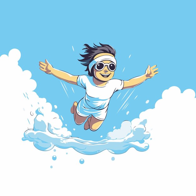 Vector cartoon happy boy jumping in the water vector illustration on white background