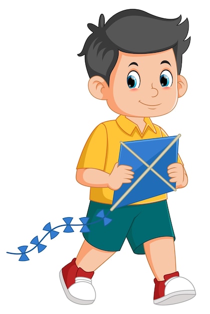 Vector cartoon happy boy playing kite