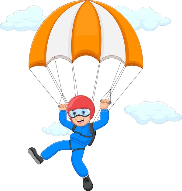 Vector cartoon happy boy skydiving on white background