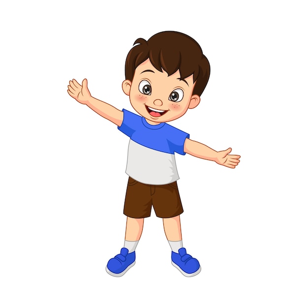 Cartoon happy boy waving hand isolated on white