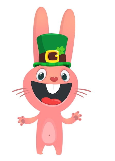 ベクトル 聖パトリックの日のクローバー ベクトル図と聖パトリックの帽子を身に着けている幸せなウサギのウサギのキャラクターを漫画します。