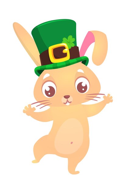 Vector cartoon happy bunny rabbit character wearing st patrick's hat with a clover vector illustration for saint patrick's day