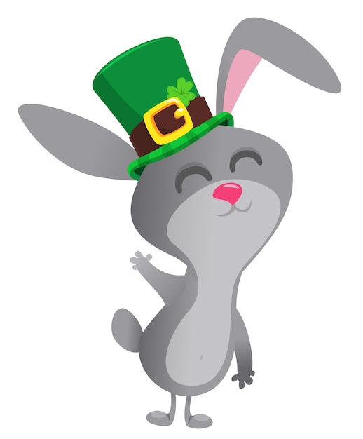 Cartoon happy bunny rabbit character wearing st patrick's hat with a clover Vector illustration for Saint Patrick's Day