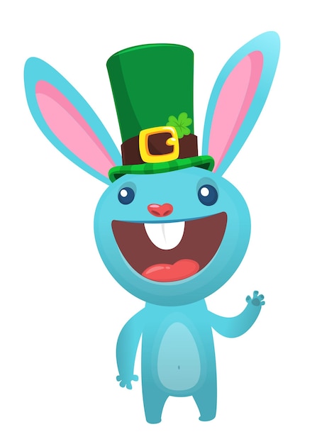 Cartoon happy bunny rabbit character wearing st patrick's hat with a clover