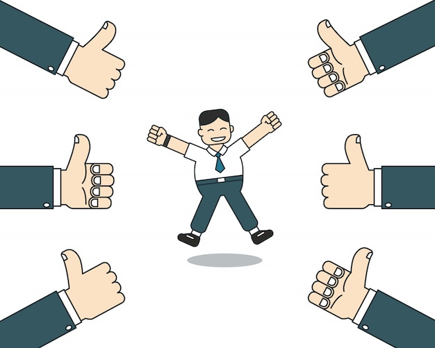 Cartoon happy businessman with many thumbs up hands