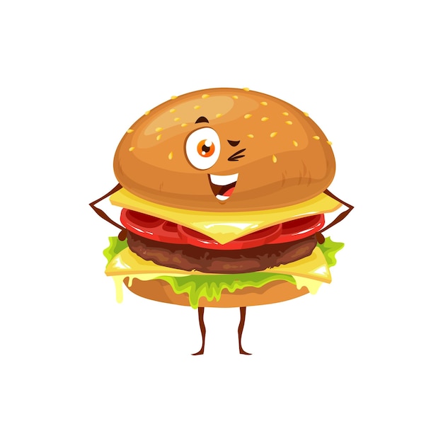 Vettore cartoon felice cheeseburger carattere occhiolino vettore divertente fast food mascotte felice fastfood da asporto piatto pasto emoji hamburger con formaggio manzo e verdure isolate su bianco