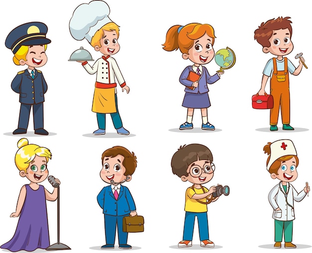 Vector cartoon happy children in different professions vector illustration