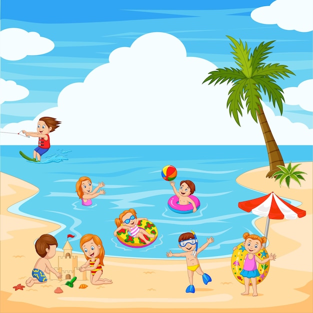 Вектор Мультфильм счастливые дети, играющие на пляже