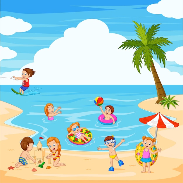 Cartoon happy children playing at the beach