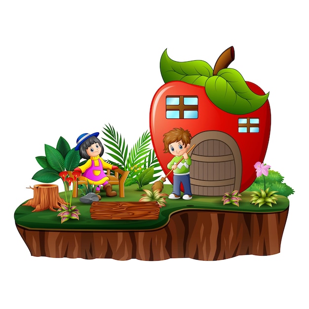 Cartoon happy children with apple house on the island