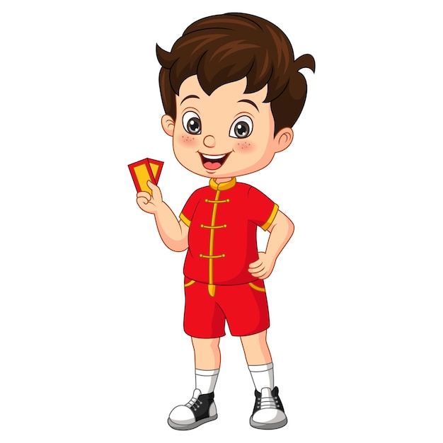 Вектор Мультфильм счастливый китайский мальчик, держащий конверт