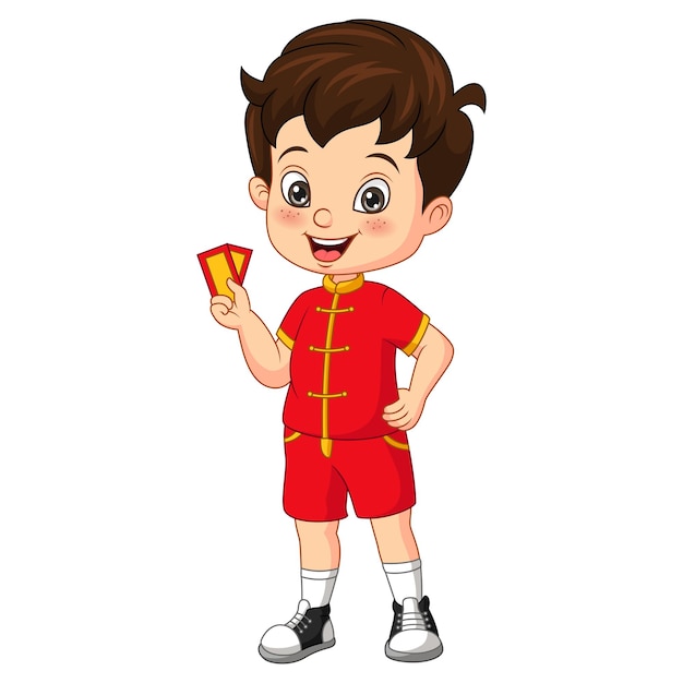 Cartoon happy chinese boy holding an envelope