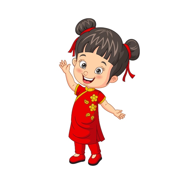 Vettore mano d'ondeggiamento della ragazza cinese felice del fumetto