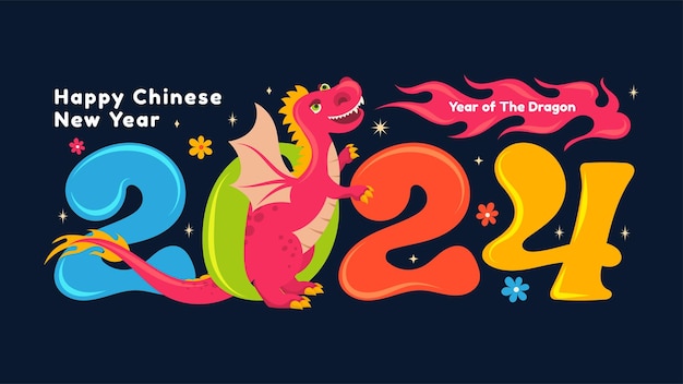 Vector cartoon happy chinese new year 2024 cute dragon zodiac character with 2024 number