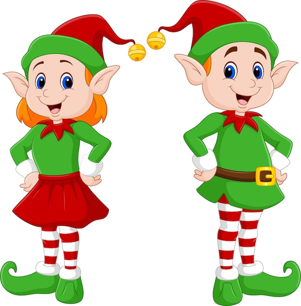 Vettore cartone animato di una felice coppia di elfi di natale