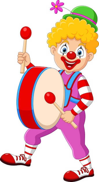 Cartoon happy clown playing the drum