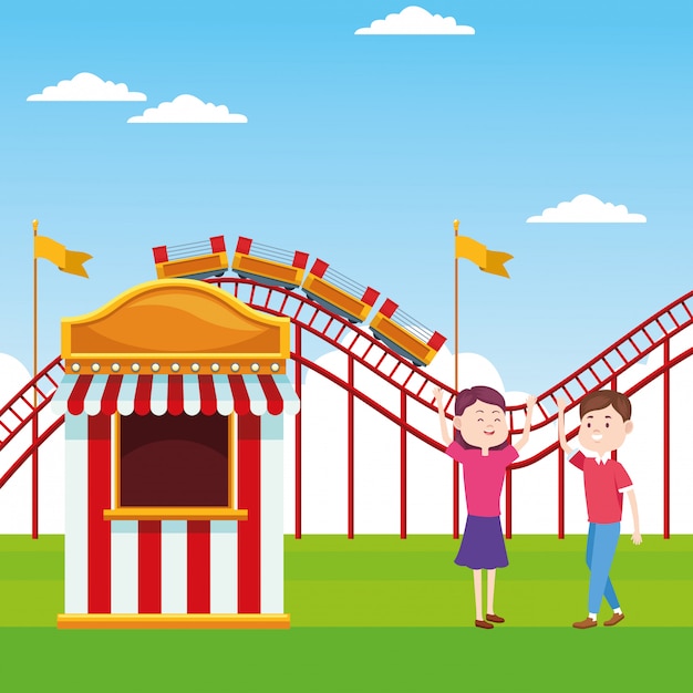 Vector cartoon happy couple in the fair next to ticket booth over roller coaster and landscape