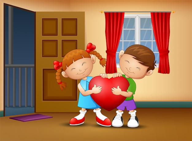 Cartoon happy couple kid holding a heart