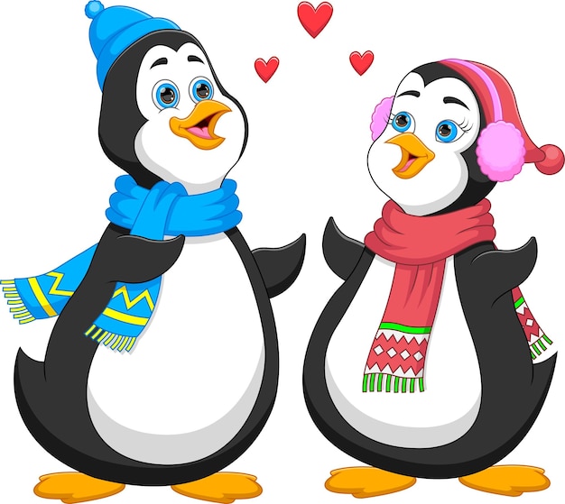 cartoon happy couple of penguins