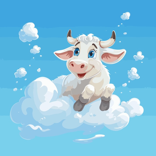 Cartoon happy cow flying through the clear blue sky amongst clouds made of milk splashes vector flat illustration
