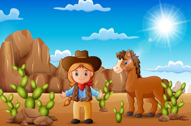 Cartoon happy cowgirl with horse in the desert