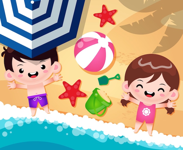 Cartoon happy cute boy and girl on beach sands