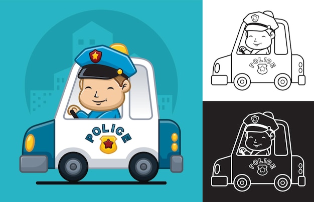 Мультяшный счастливый милый маленький мальчик в полицейской форме на патрульной машине