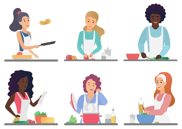 Cartoon happy cute people cooking set isolated  illustration