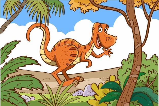 Cartoon happy dinosaur in the jungle