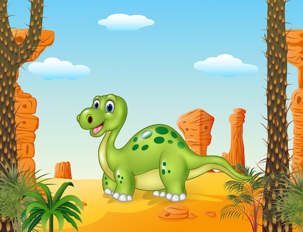 Вектор Мультфильм счастливый динозавр с доисторических фоне