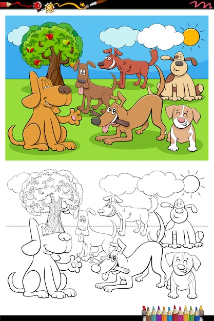 Pagina del libro da colorare del gruppo di cani felici del fumetto