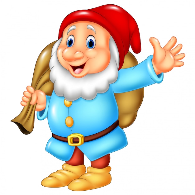 Cartoon happy dwarf carrying sack