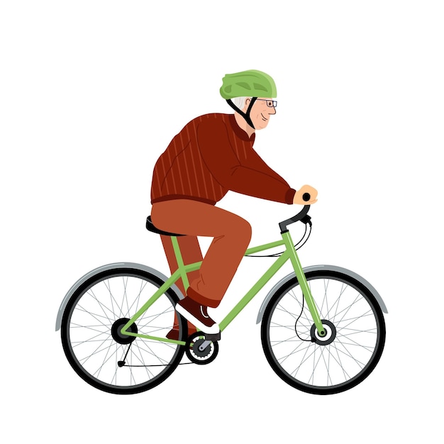 Cartoon Happy Elderly Man Riding a Bicycle Wearing a Helmet Healthy Lifestyle Active Leisure Vector