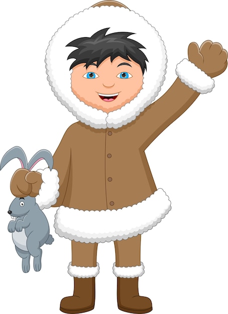 Cartoon happy eskimo boy holding rabbit