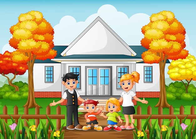 Cartoon happy family in the front yard of the house