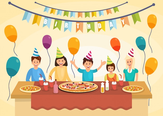 Vector cartoon happy family is eating pizza for birthday
