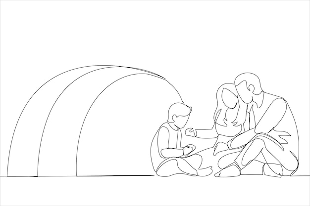 Cartoon of happy family playing game during camping trip in nature Tent at campsite Continuous line art