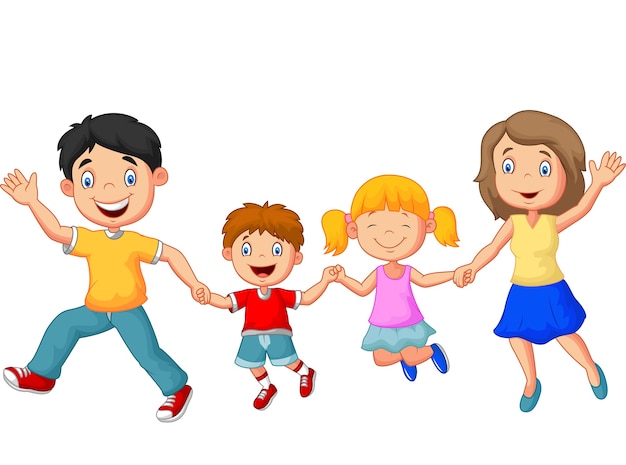 Cartoon happy family waving hands